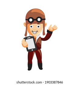 pilot holding phone character illustration use helmet headphones and glasses 