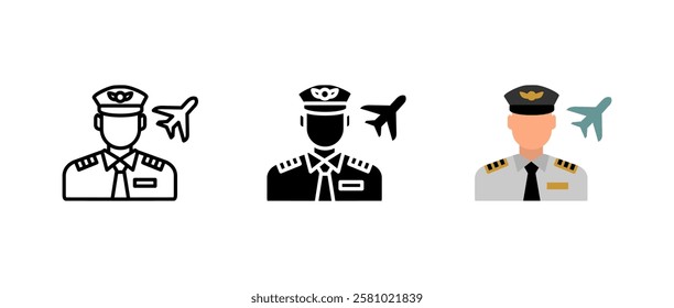 Pilot icon. Airline captain sign. Aviation and flight symbol. Professional aircrew with airplane pictogram. Airport and transportation illustration.