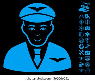 Pilot icon with bonus airdrone service graphic icons. Vector illustration style is flat iconic blue symbols on black background.