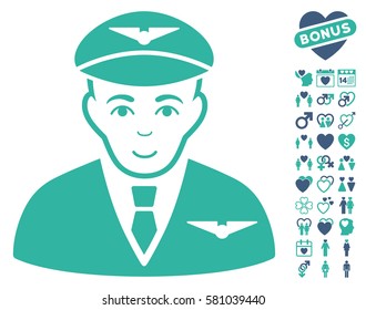 Pilot icon with bonus dating icon set. Vector illustration style is flat iconic cobalt and cyan symbols on white background.
