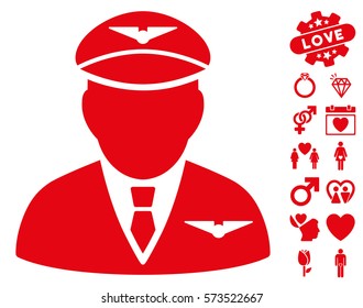 Pilot icon with bonus love design elements. Vector illustration style is flat iconic red symbols on white background.