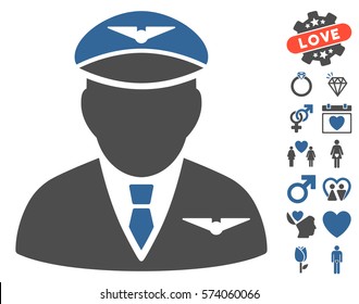Pilot icon with bonus lovely symbols. Vector illustration style is flat iconic cobalt and gray symbols on white background.