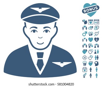 Pilot icon with bonus romantic graphic icons. Vector illustration style is flat iconic cyan and blue symbols on white background.