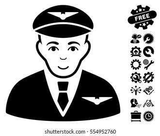 Pilot icon with bonus service pictures. Vector illustration style is flat iconic black symbols on white background.