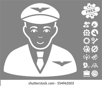 Pilot icon with bonus setup tools design elements. Vector illustration style is flat iconic white symbols on gray background.