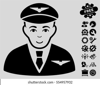 Pilot icon with bonus tools pictograph collection. Vector illustration style is flat iconic black symbols on light gray background.