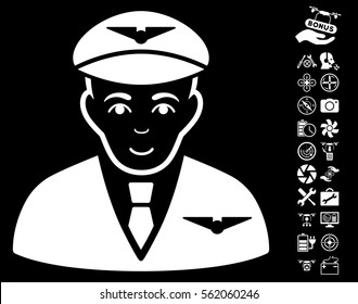 Pilot icon with bonus uav service symbols. Vector illustration style is flat iconic white symbols on black background.