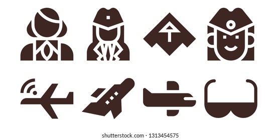 pilot icon set. 8 filled pilot icons.  Collection Of - Aeroplane, Stewardess, Airplane, Sun glasses