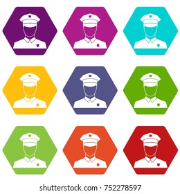 Pilot icon set many color hexahedron isolated on white vector illustration