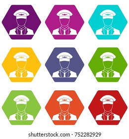Pilot icon set many color hexahedron isolated on white vector illustration
