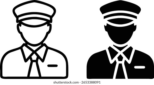 Pilot Icon Silhouette and Outline Vector Illustration in Uniform with Hat