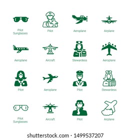 pilot icons. Editable 16 pilot icons. Included icons such as Pilot Sunglasses, Aeroplane, Airplane, Aircraft, Stewardess. trendy icons for web.