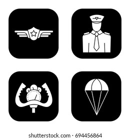 Pilot icons set. Pilot label, aircraft control wheel, parachute symbol. Vector white silhouettes illustrations in black squares.