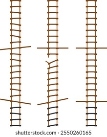 Pilot Ladder. Rope ladders used to climb up the side of a ship. Complete ladder, broken ladder, wonkey ladder. Isolated vector illustration.