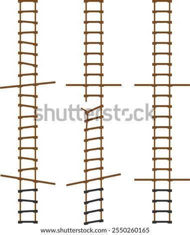 Pilot Ladder. Rope ladders used to climb up the side of a ship. Complete ladder, broken ladder, wonkey ladder. Isolated vector illustration.
