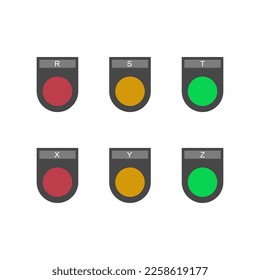 Pilot lamp image with label. Electrical Panel Components. R S T and X, Y, Z. Red, Yellow, Green, 3 Phase. High voltage. Vector