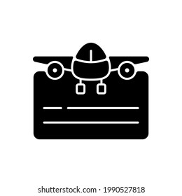 Pilot license black glyph icon. Process of certification. Civil aviation school. Silhouette symbol on white space. Flight safety. State regulatory body. Vector isolated illustration