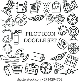 Conjunto de íconos de la línea de piloto con símbolos de aviación, aeronaves, Elementos de viaje, herramientas de cabina, íconos de aeropuertos y equipo de vuelo. Perfecto para diseño de aviación, marca de viajes, infografía y proyecto digital.