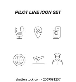 Pilot line icon set. Modern outline high quality illustration for banners, flyers and web sites. Editable strokes of passenger seat, gps sign, boarding ticket, taking off, pilot 