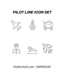 Pilot line icon set. Modern outline high quality illustration for banners, flyers and web sites. Editable strokes of plane, aircraft, landing gear, pilot, baggage, luggage