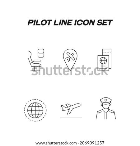 Pilot line icon set. Modern outline high quality illustration for banners, flyers and web sites. Editable strokes of passenger seat, gps sign, boarding ticket, taking off, pilot 