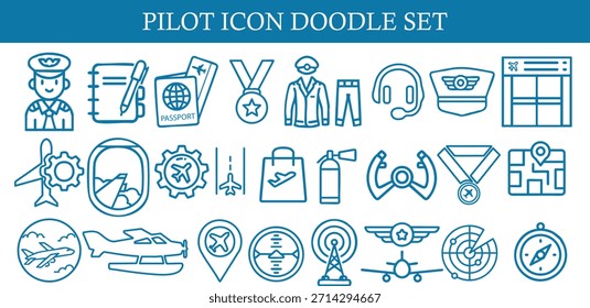 Conjunto de iconos lineales de piloto con símbolo de aviación, avión, elemento de viaje, herramientas de cabina, icono de aeropuerto y equipo de vuelo. Perfecto para diseño de aviación, marca de viajes, infografía y proyecto digital.