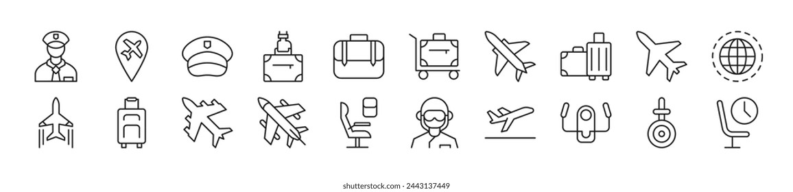 Colección de iconos vectoriales lineales piloto. Trazo editable. Ilustración lineal simple para sitios web, periódicos, libros de artículos