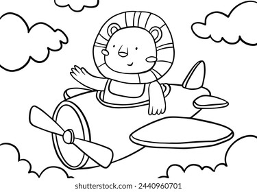 Pilot Lion on Plane, Children Coloring Page. Printable Coloring book Outline black and white.