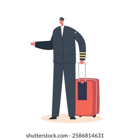 Pilot Male Character Wear Uniform Holding Luggage Isolated On White Background. Aircraft Travel, Aviation Concept