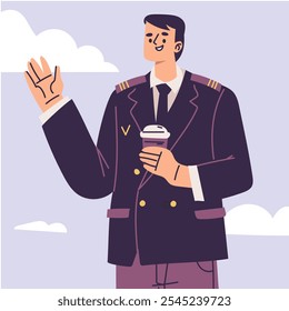 Personagem Homem Piloto em Uniforme com Tie Drink Coffee Vetor Ilustração