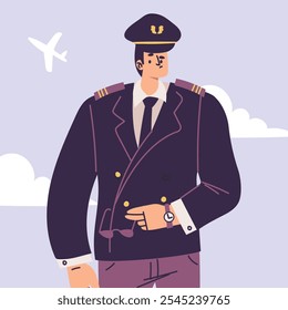 Personagem do Homem Piloto em Uniforme com Ilustração de Vetor de Laço