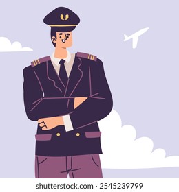 Personagem do Homem Piloto em Uniforme com Ilustração de Vetor de Laço