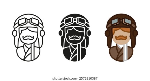 Pilot man icon. Aviator character vector illustration. Aviation uniform symbol. Airforce military person with helmet and glasses sign. Air flight pilot pictogram. Airman occupation. Airline worker.