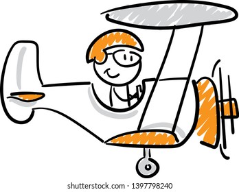 Pilot man on airplane. hand drawn doodle line art cartoon design character - isolated vector illustration outline