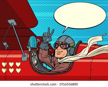 Pilot man in the plane of love. Valentines Day Pop art retro vector illustration vintage kitsch 50s 60s style