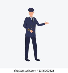 Pilot man wearing uniform and standing. Air transport service, occupation, profession concept. Vector illustration can be used for presentation slide, poster, new projects