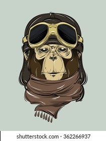 Pilot monkey print for t-shirt. HIPSTER print. Monkey modern street style attributes. Vector art. Monkey head for poster.