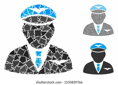 Pilot mosaic of trembly pieces in different sizes and shades, based on pilot icon. Vector ragged pieces are organized into mosaic. Pilot icons collage with dotted pattern.