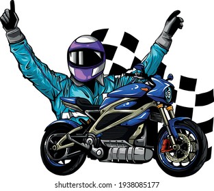 pilot and motorbike with race flag vector