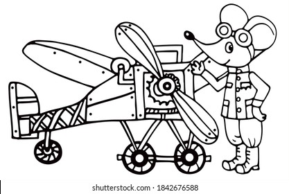 Pilot mouse with a vintage plane. Black and white vector for coloring, for card or gift.