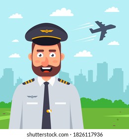pilot on the background of a plane taking off. flat vector character illustration.