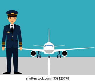 The pilot on the runway near the plane. Vector illustration