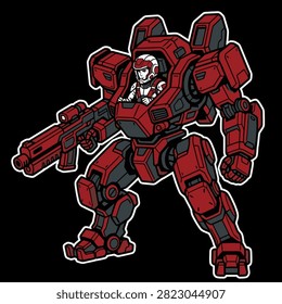A pilot operates a heavy red combat mech suit in battle