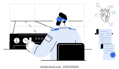 Pilot operating aircraft controls in cockpit, wearing headphones. Beside are a heart diagram and a checklist. Ideal for medical aviation training, pilot health monitoring, flight safety, pilot