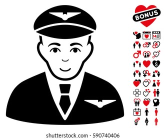 Pilot pictograph with bonus decoration symbols. Vector illustration style is flat iconic intensive red and black symbols on white background.