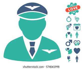 Pilot pictograph with bonus valentine pictograph collection. Vector illustration style is flat iconic cobalt and cyan symbols on white background.