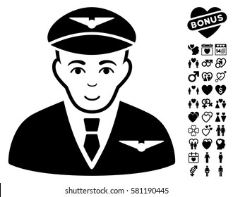 Pilot pictograph with bonus valentine design elements. Vector illustration style is flat iconic black symbols on white background.