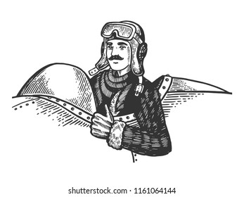 Pilot in plane engraving vector illustration. Scratch board style imitation. Black and white hand drawn image.