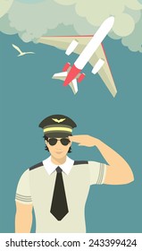 pilot of the plane on the man in the form of a pilot on the sky background with an airplane flying in the clouds sky background