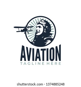 Pilot plane retro color logo vector